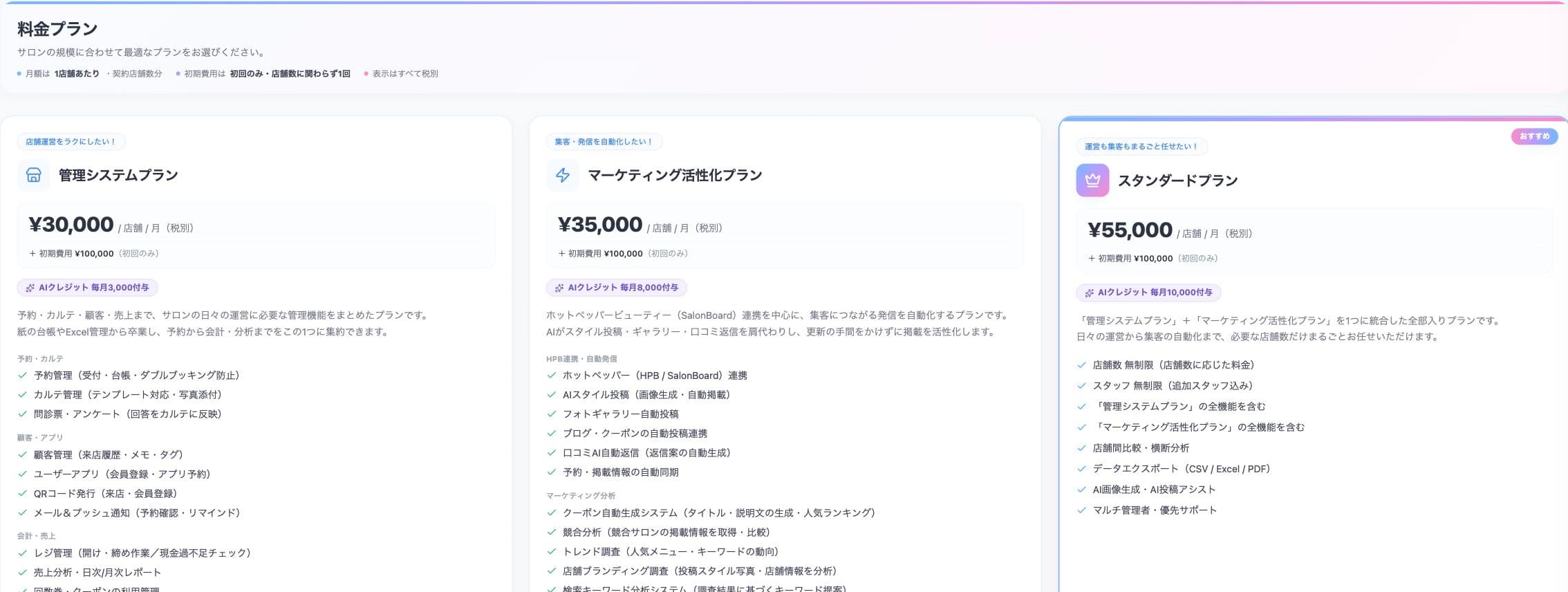 管理画面の料金プラン一覧。管理・マーケティング・スタンダードの3プランを比較できる。