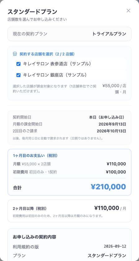 契約する店舗を選択するチェック欄。サンプルの店舗名と選択件数。