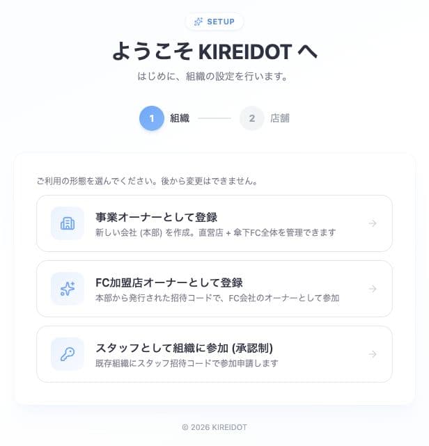初回セットアップの利用形態選択。事業オーナー、FC加盟店オーナー、スタッフ参加の3つの選択肢。