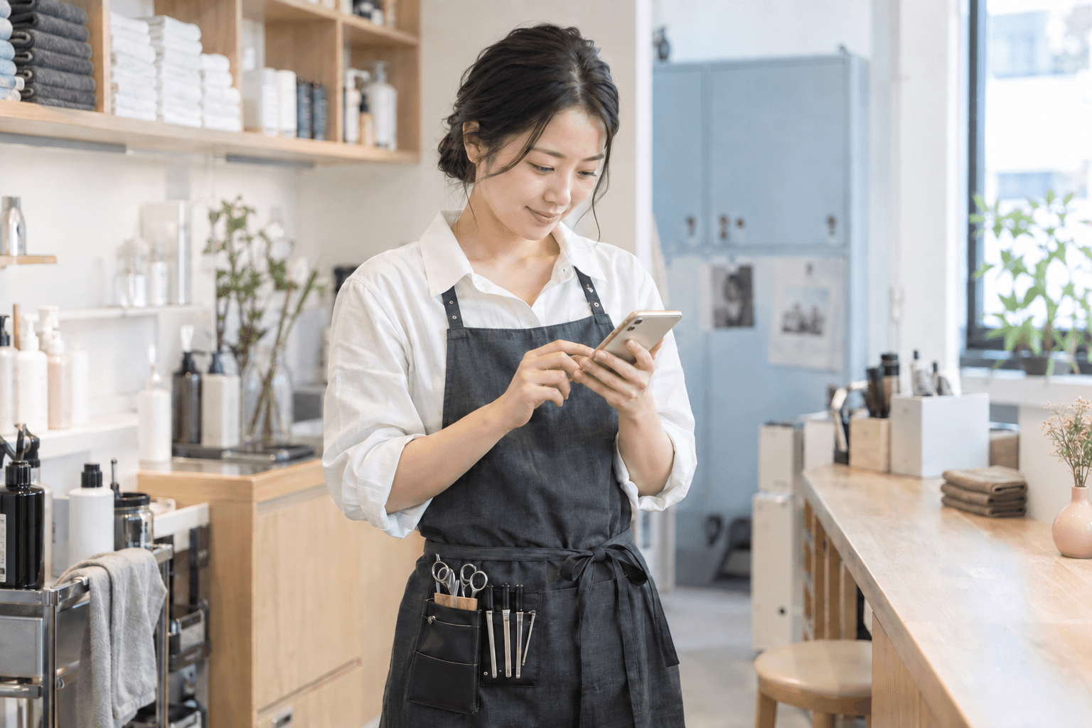 サロンでスマートフォンを確認するスタッフのイメージ