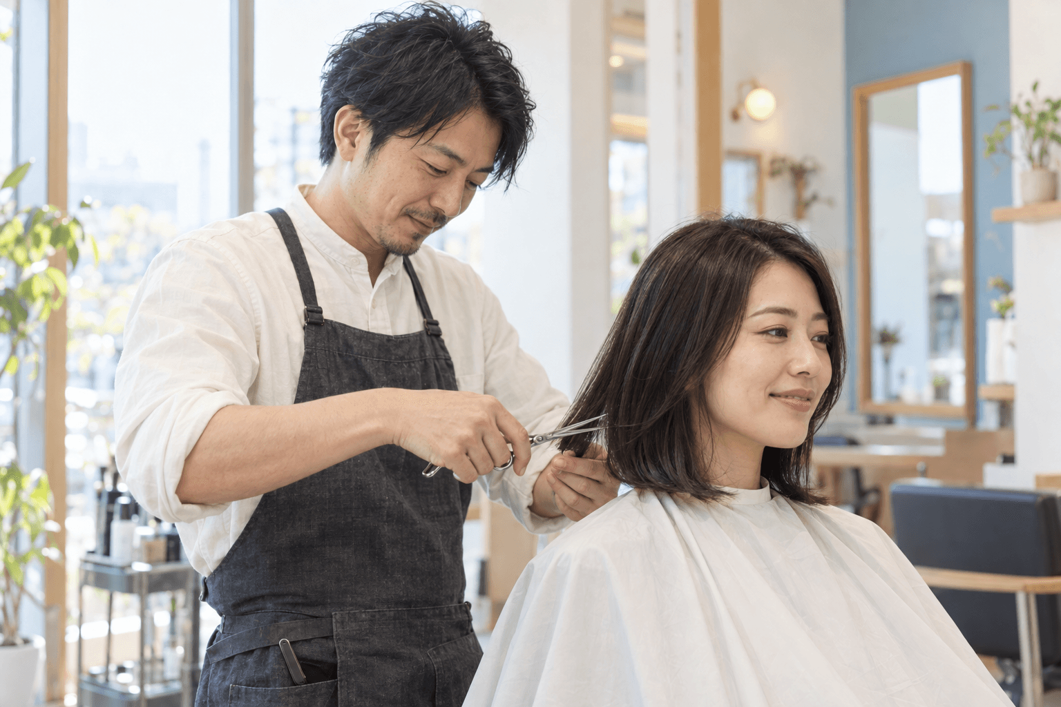 美容師がお客様の肩までの髪をカットする様子