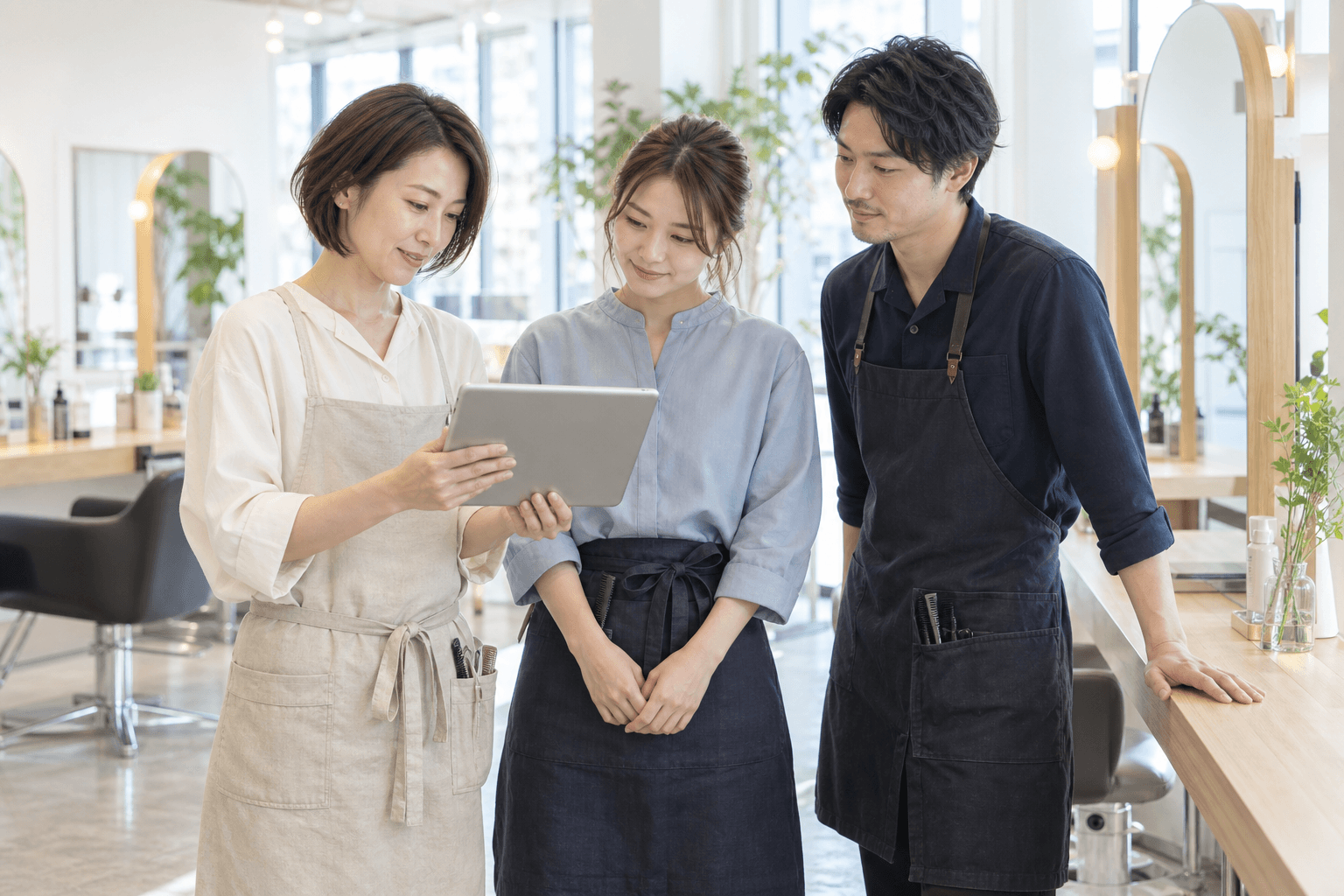 タブレットを囲み仕事の情報を共有する3人のスタッフ